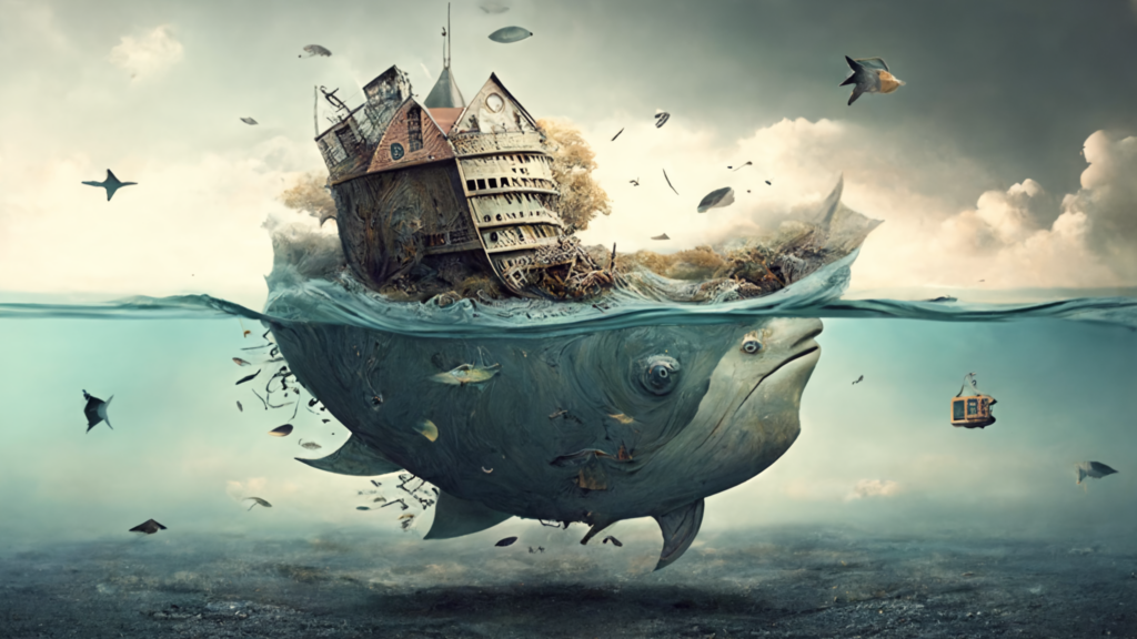 A fantasy drawing of a big fish swimming in the sea on its back, with an old and rotten house floating in the air behind it. The image represents the concept of under promising and over delivering in business, with the fish symbolizing reliability and the floating house representing the benefits of customer satisfaction and loyalty.