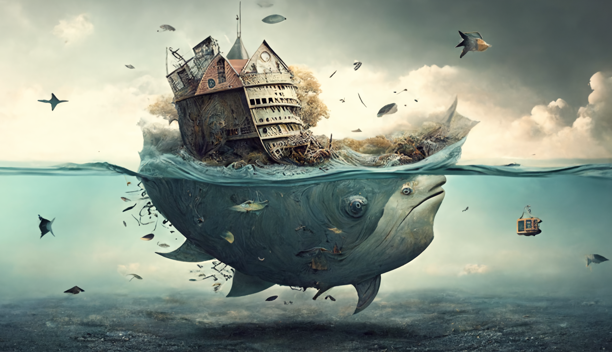 A fantasy drawing of a big fish swimming in the sea on its back, with an old and rotten house floating in the air behind it. The image represents the concept of under promising and over delivering in business, with the fish symbolizing reliability and the floating house representing the benefits of customer satisfaction and loyalty.