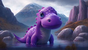 Purple friendly dinosaur in Nemo style standing in front of mountains, representing Akeneo the product information management system