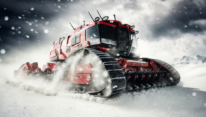 Futuristic sporty special utility vehicles clearing large amounts of snow on mountain slope