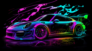 Sports car in neon colors speeding down the road