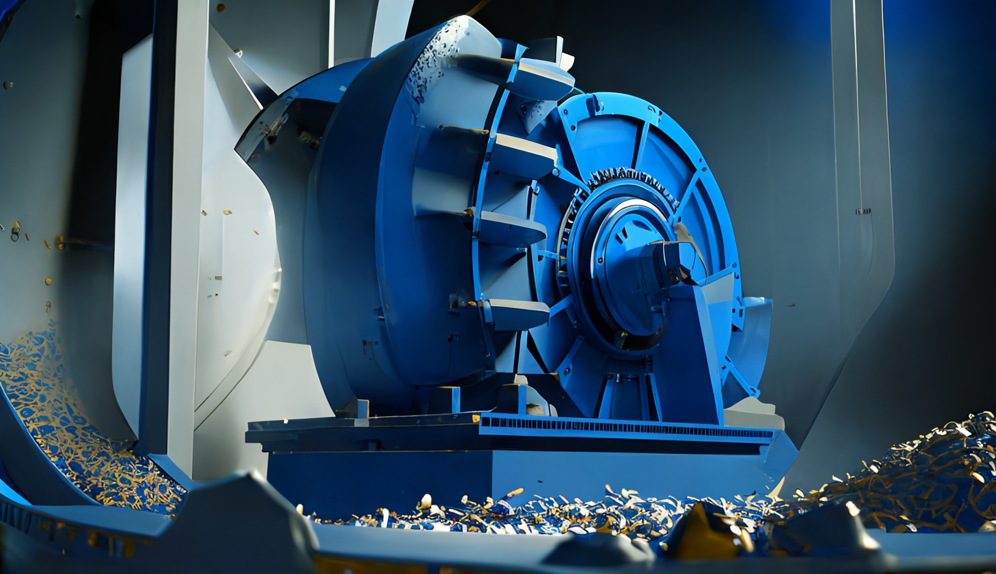 Futuristic industrial building with blue rotor centrifugal crusher in action, crushing a washing machine on a conveyor belt