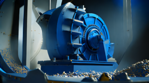 Futuristic industrial building with blue rotor centrifugal crusher in action, crushing a washing machine on a conveyor belt