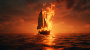 A humorous depiction of a model sailboat engulfed in flames, symbolizing the clash between culture and strategy.